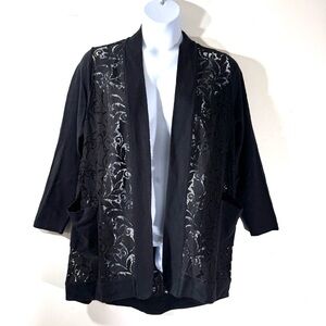 LOGO Lori Goldstein Open Front Black Lace Cardigan witchy